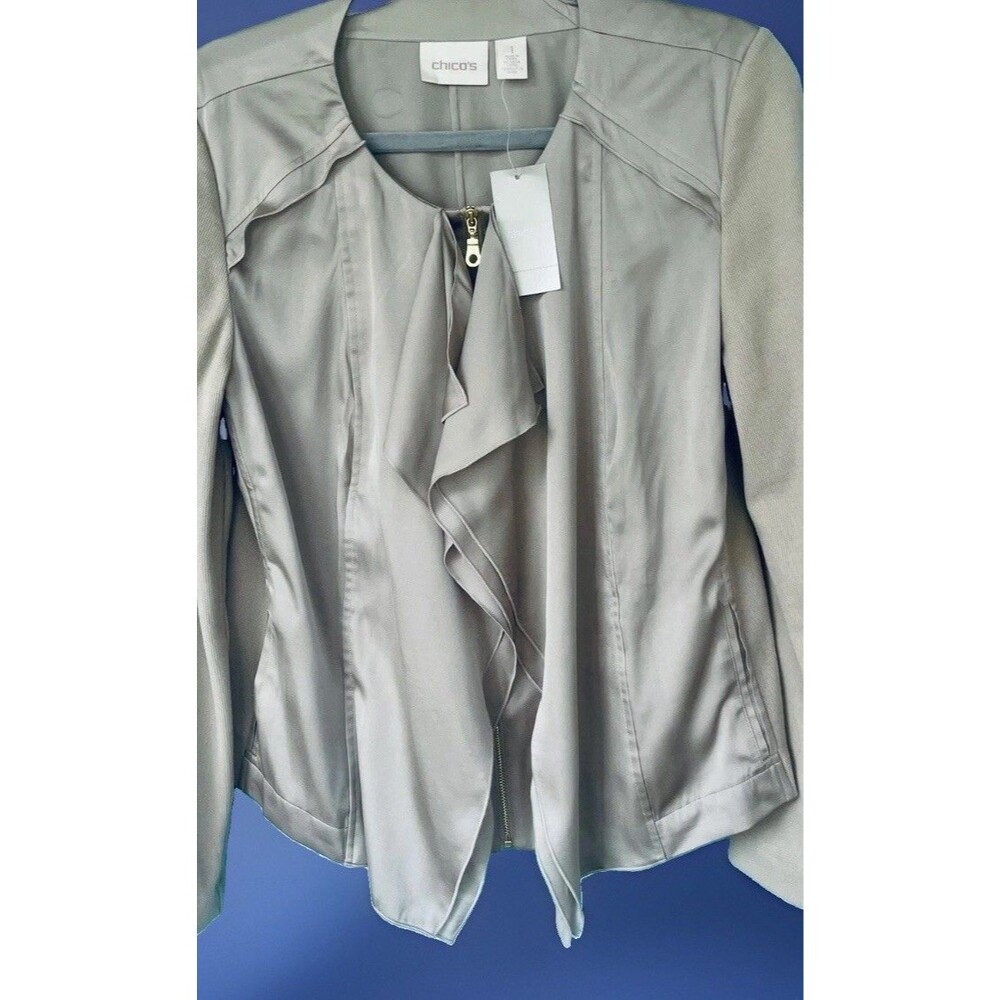 Chico's Travelers Beige Ruffle Drape Jacket 1 M (Size 8 Equivalent) Waterfall